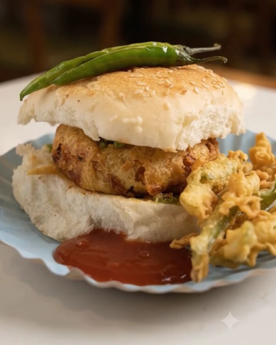 Jamtaro vadapav with a fried green chilli, red chutney and chilli bhajiya